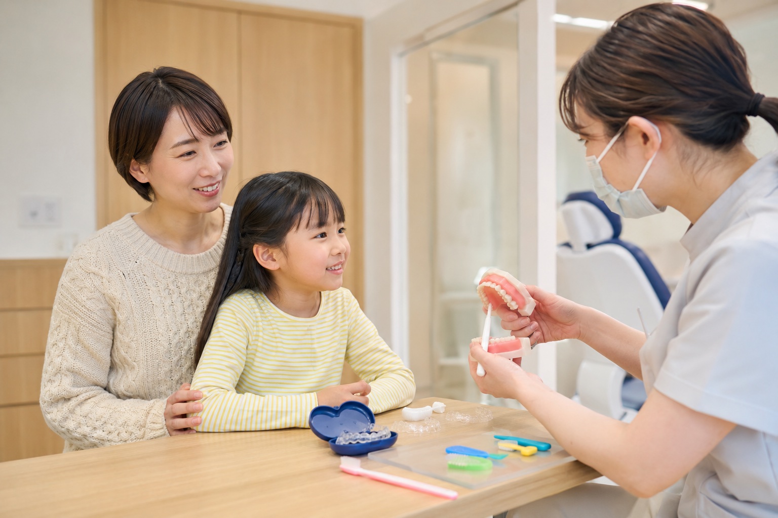 お子様の矯正治療と口腔機能訓練（MFT）を組み合わせる様子