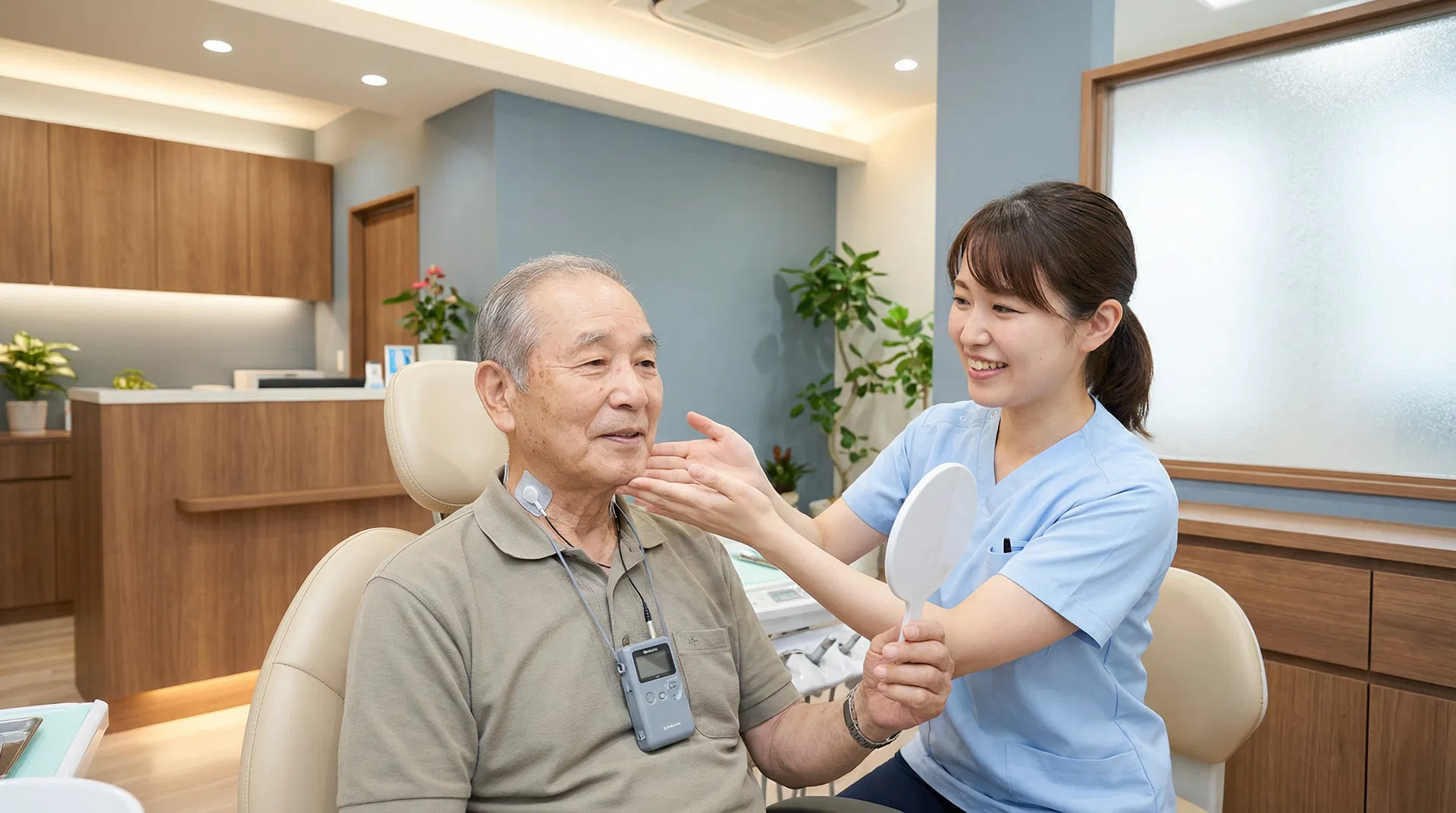 訪問歯科で飲み込みと口腔機能のリハビリを行う様子